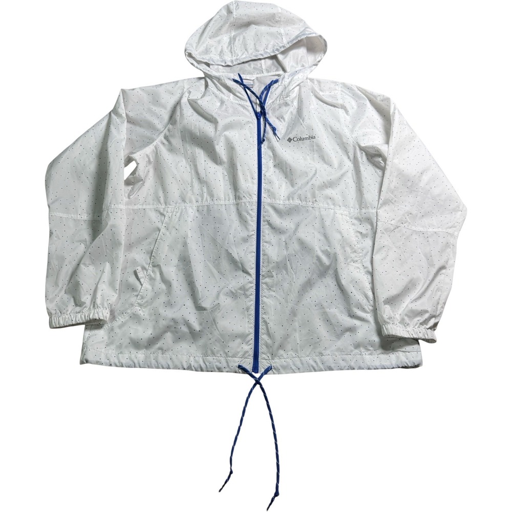 Columbia Windbreaker Jacket Womens XL White Polka Dot Full Zip Hooded Excellent